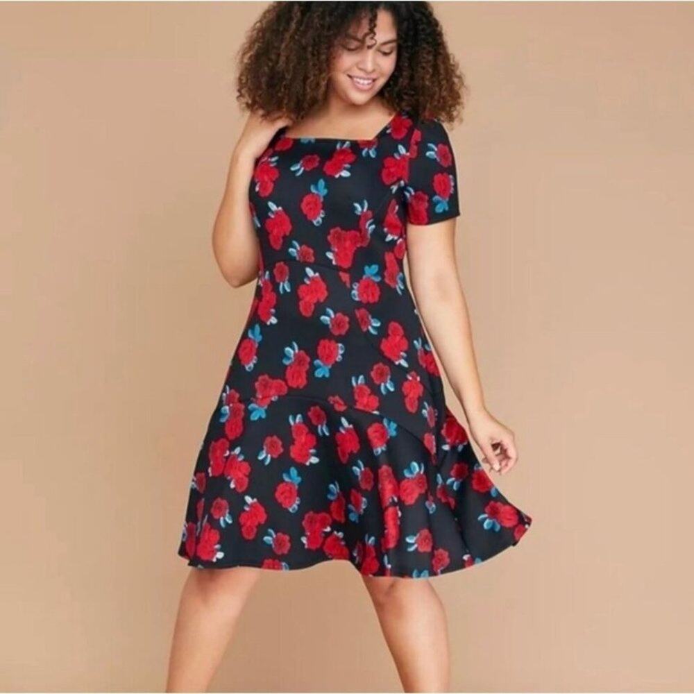 Lane Bryant Fit & Flare Dress Women 20 Retro Pin Up Short sleeves Roses Floral